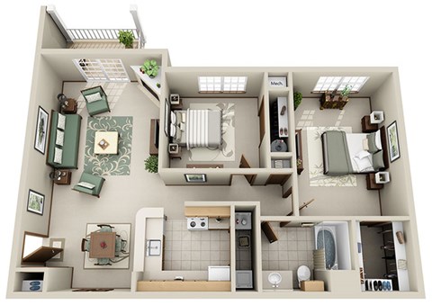 A 3D floor plan of a house with labeled rooms.