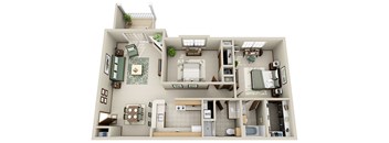 A detailed 3D floor plan of a house layout.
