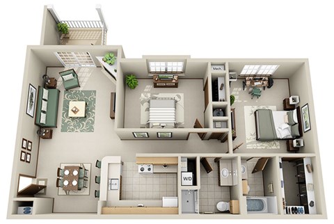 A detailed 3D floor plan of a house layout.