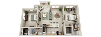 A top-down view of a small apartment with a kitchen, living room, and bathroom.