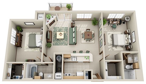A top-down view of a small apartment with a kitchen, living room, and bathroom.