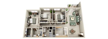 A top down view of a small apartment with a kitchen, living room, and two bedrooms.