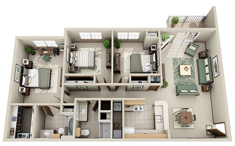 A top down view of a small apartment with a kitchen, living room, and two bedrooms.