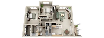 A 3D rendered image of a house layout.