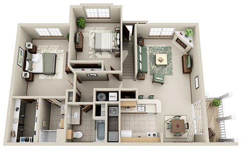 A 3D rendered image of a house layout.