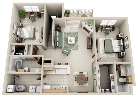 A 3D floor plan of a house showing all the rooms and their layouts.