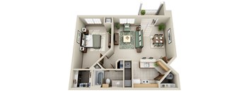 A top-down view of a small apartment with a kitchen, living room, and bathroom.