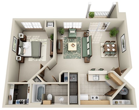 A top-down view of a small apartment with a kitchen, living room, and bathroom.