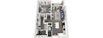 A floor plan of a small apartment with a living room, kitchen, and bedroom.