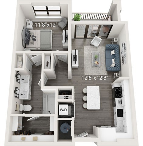A floor plan of a small apartment with a living room, kitchen, and bedroom.