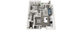A floor plan of a small apartment with a living room, kitchen, and bathroom.
