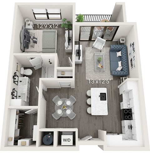 A floor plan of a small apartment with a living room, kitchen, and bathroom.