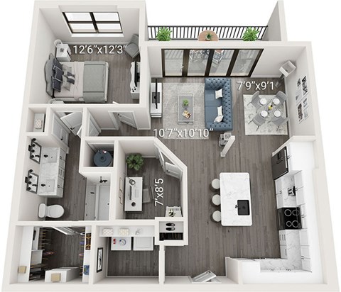 A 12x12 room with a 7x9 room attached to it.