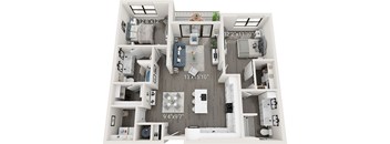 A floor plan of a house with a living room, kitchen, and two bedrooms.
