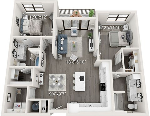 A floor plan of a house with a living room, kitchen, and two bedrooms.
