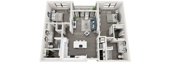 A 3D floor plan of a small apartment with a living room, kitchen, and two bedrooms.