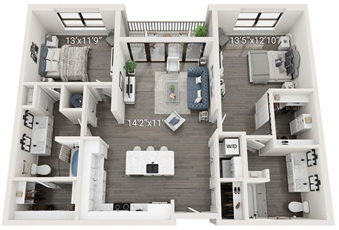 A 3D floor plan of a small apartment with a living room, kitchen, and two bedrooms.