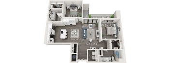 A 3D floor plan of a house with labeled dimensions.