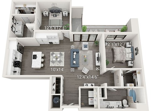 A 3D floor plan of a house with labeled dimensions.