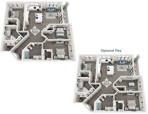 Two images of a house layout, one with an optional flex room.