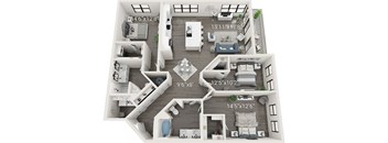 A 3D floor plan of an apartment with dimensions of each room.