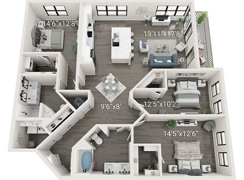 A 3D floor plan of an apartment with dimensions of each room.