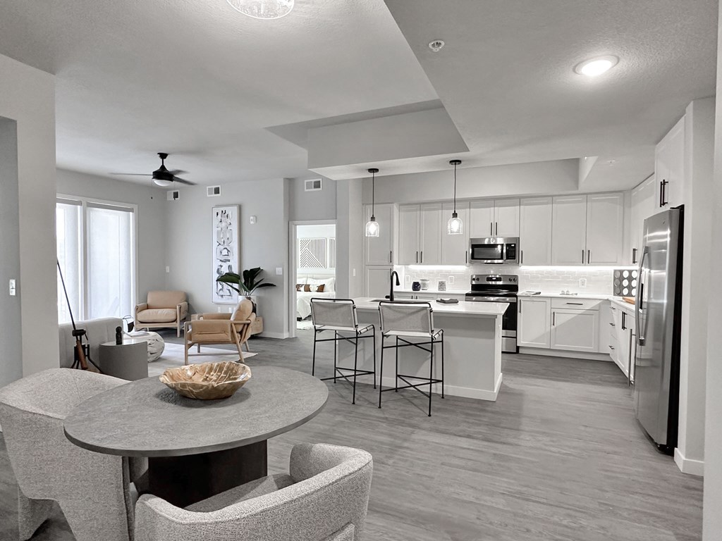 Dining room, kitchen and living room in model