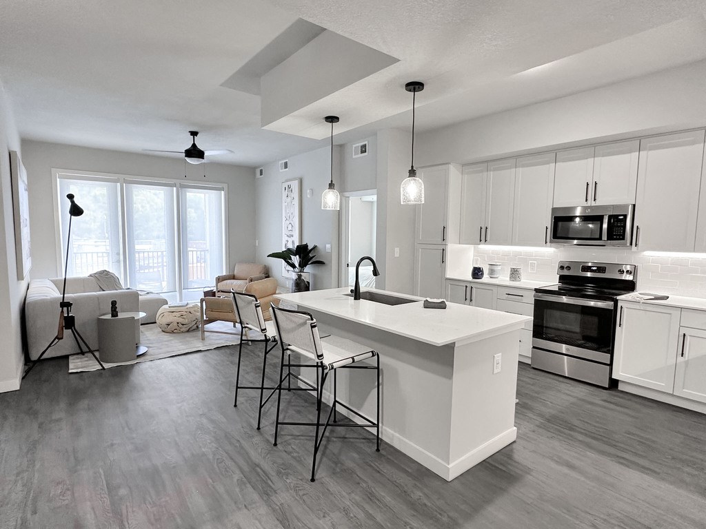 Large island and living room in model