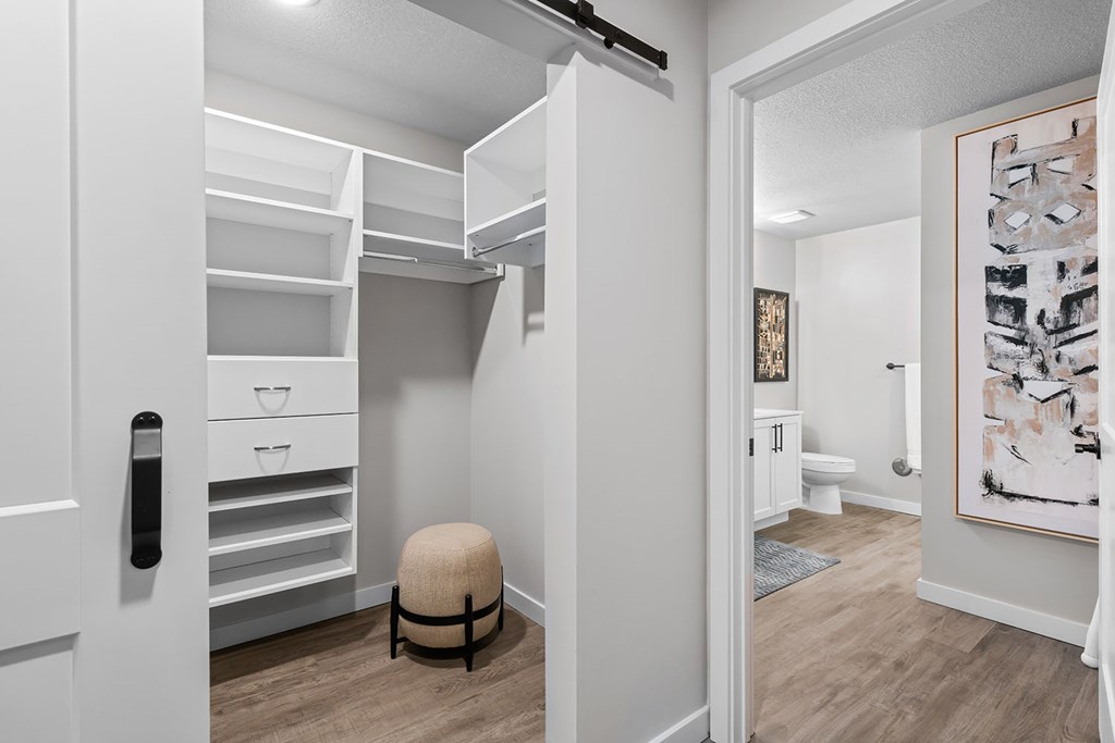 California-style walk-in closet and bathroom in model
