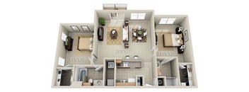 A floor plan of a house with a living room, kitchen, and two bedrooms.