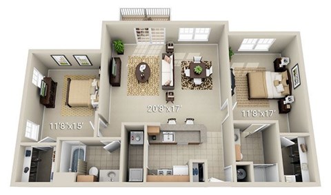 A floor plan of a house with a living room, kitchen, and two bedrooms.