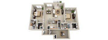 A 3D floor plan of a house with dimensions of each room.