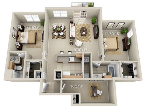 A 3D floor plan of a house with dimensions of each room.