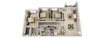 A 3D floor plan of a house with two bedrooms, two bathrooms, a living room, a kitchen, and a dining area.