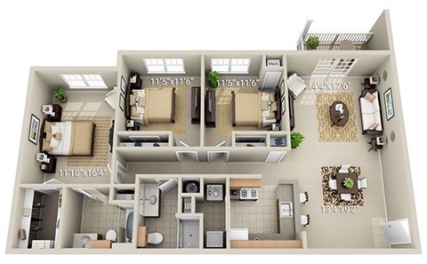A 3D floor plan of a house with two bedrooms, two bathrooms, a living room, a kitchen, and a dining area.