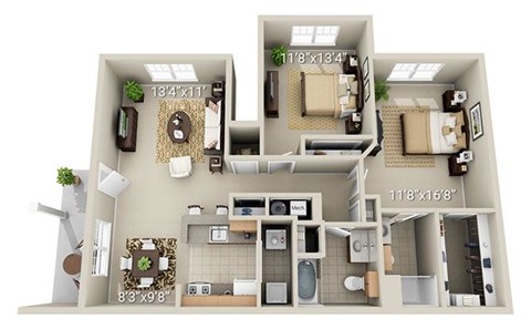 A 118x134 floor plan of a house with two bedrooms, a living room, a kitchen, and a bathroom.