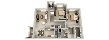 A 3D floor plan of a house with a living room, kitchen, and two bedrooms.