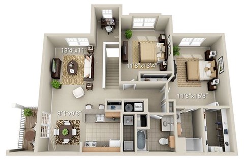 A 3D floor plan of a house with a living room, kitchen, and two bedrooms.