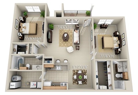 A 3D floor plan of a house with labeled dimensions.