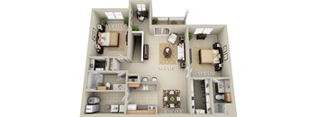 A 3D floor plan of a house with a kitchen, living room, and two bedrooms.