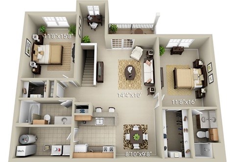A 3D floor plan of a house with a kitchen, living room, and two bedrooms.