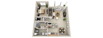 A 3D floor plan of a house with a kitchen, living room, and bathroom.