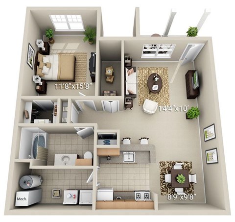 A 3D floor plan of a house with a kitchen, living room, and bathroom.