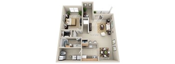 A 3D floor plan of a house with a kitchen, living room, and two bedrooms.