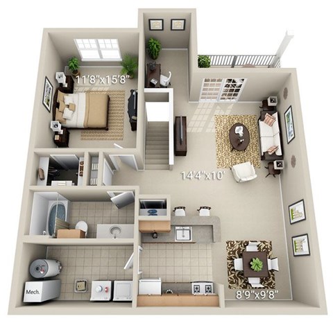 A 3D floor plan of a house with a kitchen, living room, and two bedrooms.