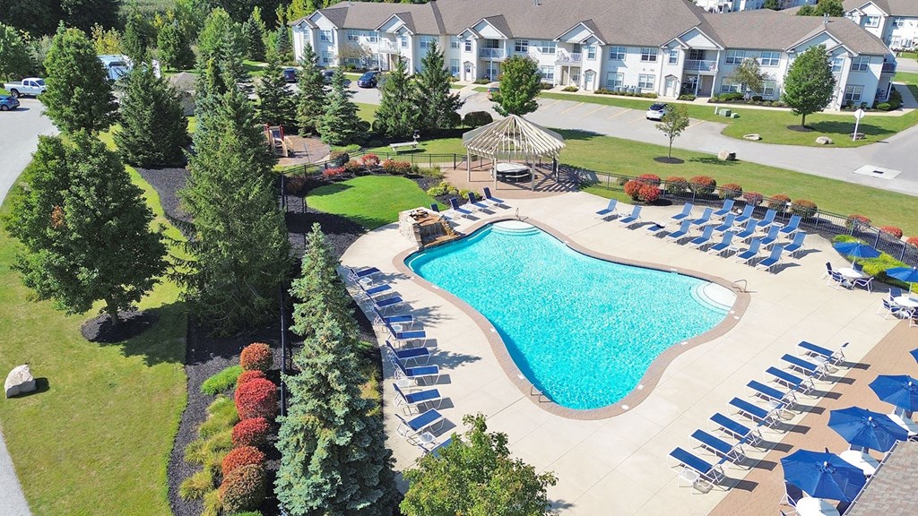 Aerial view of swimming pool, clubhouse and gazebo