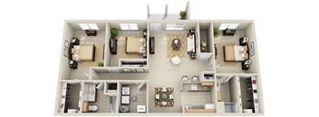A 3D floor plan of an apartment with dimensions and room labels.