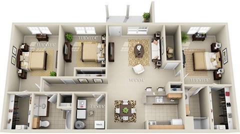 A 3D floor plan of an apartment with dimensions and room labels.