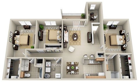 A 3D floor plan of an apartment with dimensions and room layout.