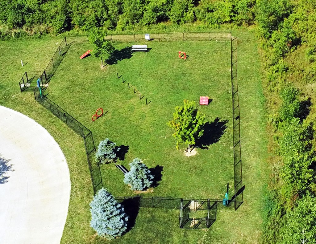 Two fenced dog parks with agility equipment